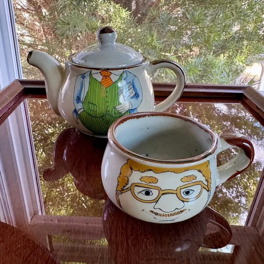 Vintage Tea for One Set, Mustache Man Stackable Teapot & Mug